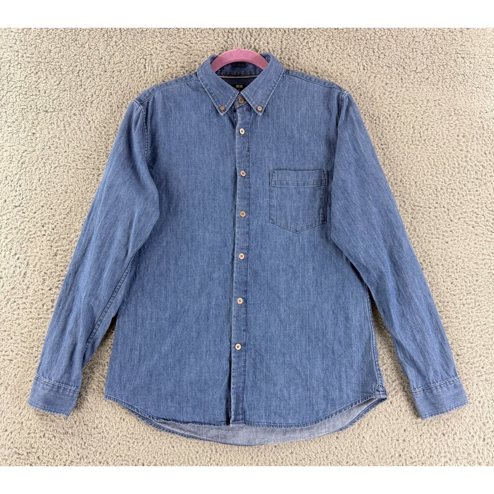 Uniqlo Denim Button Down Shirt Mens Medium Blue Slim Fit Long Sleeve Pocket